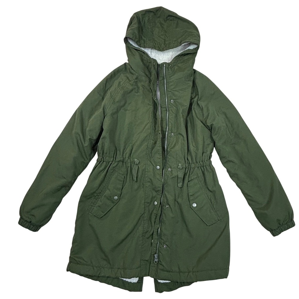 Old Navy Girls XL 14 Olive Green Sherpa Lined Parka Jacket Hooded Anorak Coat